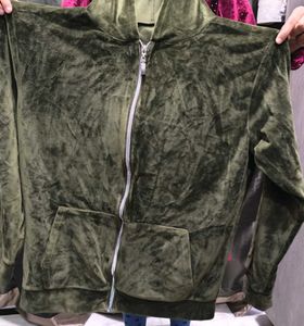 Jacket Zipper unisex Olive Green Velvet Hoodie
