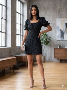Black Textured Square Neck Mini Dress