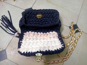 Chic Hand-Knitted Sling Bag black and white