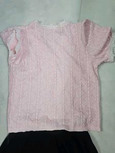 Cute Pink Lace Trim Top with black skirt