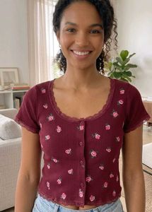 Maroon Ditsy Retro Floral Button-Up Top