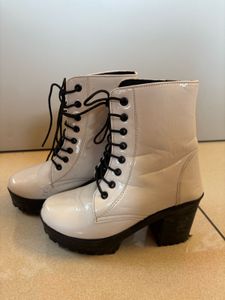 White Patent Lace-Up Chunky Heel Boots