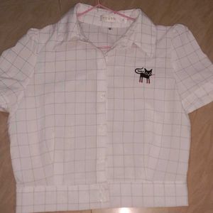 Cute Cat Print Cropped Shirt
