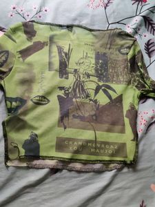 Green Graphic Print sheer Top,(size-xs)