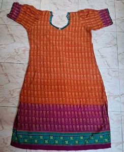 Pure Cotton Orange pink Ethnic Kurti 3pcs set