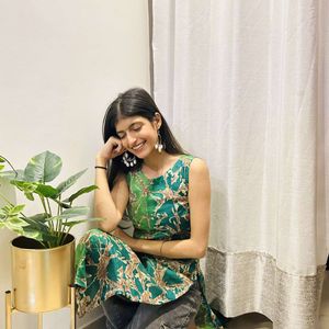 long Green Printed Dress Material
