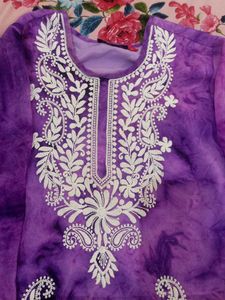 Purple Tie-Dye Kurta with White Embroidery