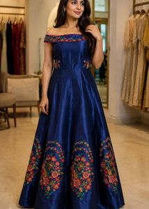 Navy Blue off Shoulder Embroidered Anarkali Dress