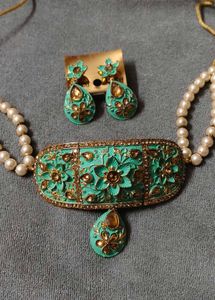 Stunning Teal &amp; Gold Choker Necklace Set