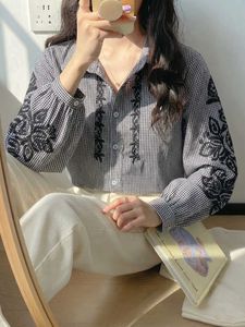 Korean Pintrest Chic Gingham Embroidered Shirt
