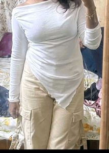 White Ribbed Asymmetrical Long Sleeve Top