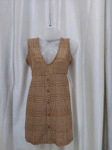 Brown Plaid Button-Up Pinafore Dress