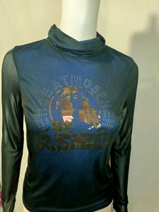 Blue Mesh Sleeve Turtleneck Top