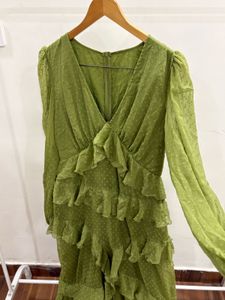 Olive Green Tiered Ruffled Swiss-Dot Maxi Dress