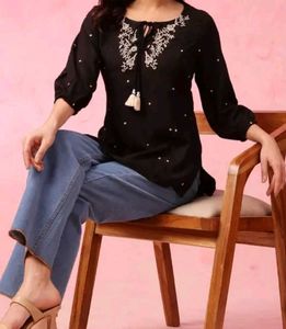 Boho Embroidered Black Tunic Top
