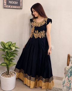 Navy Blue &amp; Gold Embroidered Anarkali Gown | Flare