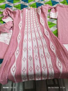 Pink &amp; White Knitted Kurta Set