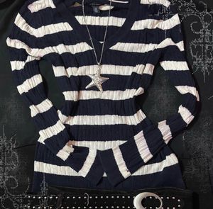 Navy & White Striped V-Neck Sweater