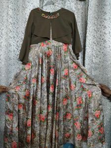 Floral Printed Gown With Brown Jacket