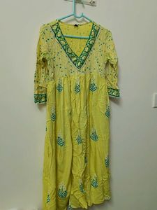 Yellow Embroidered Cotton Kurta