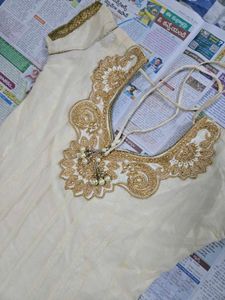 Heavy Work Cream Anarkali Set with Gold Embroidery