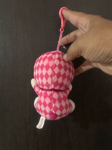 pink and white checkered Doraemon plush keychain