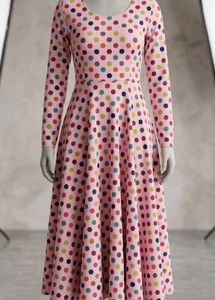 Pink Polka Dot Long Sleeve Midi Dress