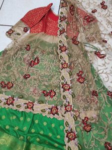 Green Ethnic Skirt with net frok style kurta wit