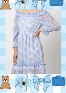 Blue Gingham Off-Shoulder Dress