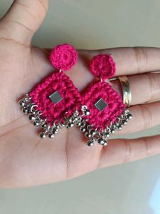 Boho Pink Diamond Earrings with Mirror(Navratri)