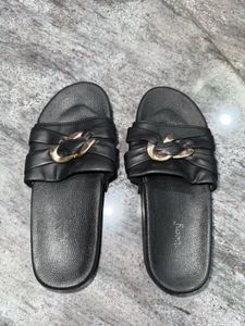 Black Slide Sandals with Gold Buckle