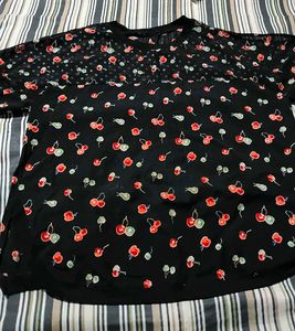 Cute Cherry Print Black Top