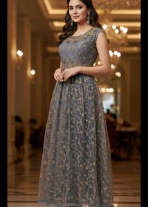 bust 40 Elegant Embroidered Grey Ethnic Gown