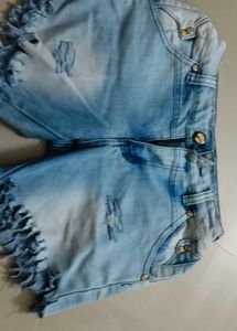 Distressed Denim Shorts with Fringe