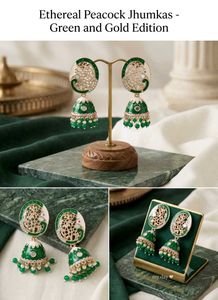 Ethereal Peacock Jhumkas - Green and Gold Edition