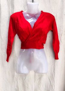 5278. V-Neck Red Wrap Crop Sweater