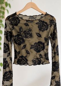Sheer Black Rose Print Mesh Top