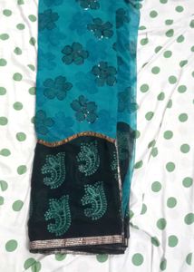 Elegant Teal &amp; Black Floral Saree