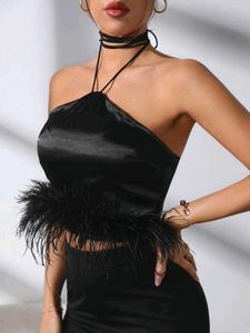 Satin Halter Top with Feather Trim