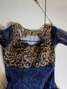 Elegant Navy Blue Gown with Gold Embellishments