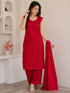 Red Kurta Set with Palazzo &amp; Dupatta
