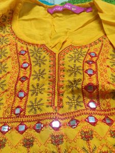 Yellow Embroidered Kurta with Mirror Work