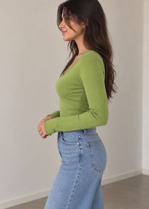 Green Long Sleeve Ribbed V-Neck Top
