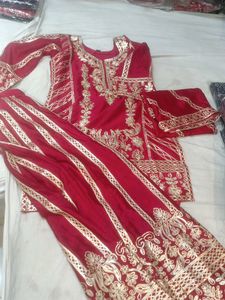 Red Velvet Kurta Set with Golden Embroidery