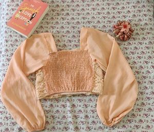 Peachy Crochet Puff full sleeve crop top
