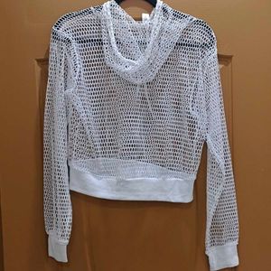 Y2K White Fishnet Mesh Cropped Hoodie | XL