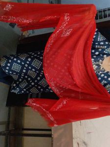 Vibrant Red Dupatta with Embellished Kurti