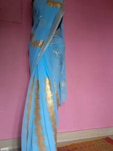 New Light Blue Party Wear Saree With Blouse Piece