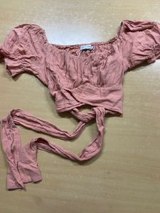 Pink Puff Sleeve Crop Top with Tie