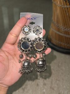 Antique Silver Mirror Jhumka Earrings